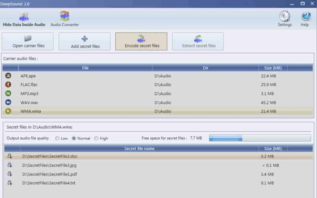 Deepsound software interface showing how to hide secret files onto a audio file