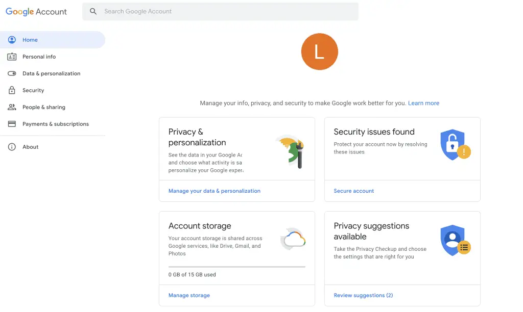 Google Account Main Settings Page